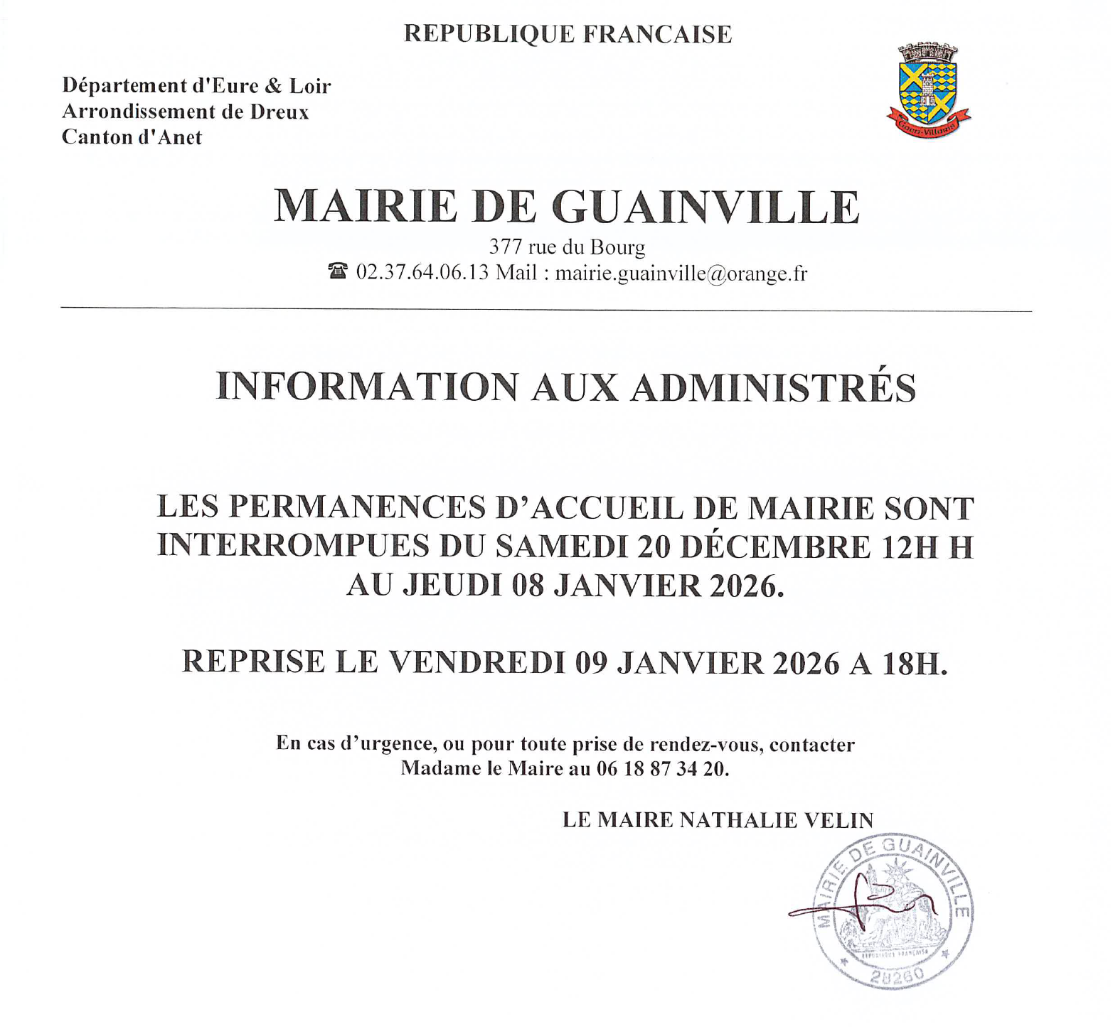 Affichage fermeture mairie 2025