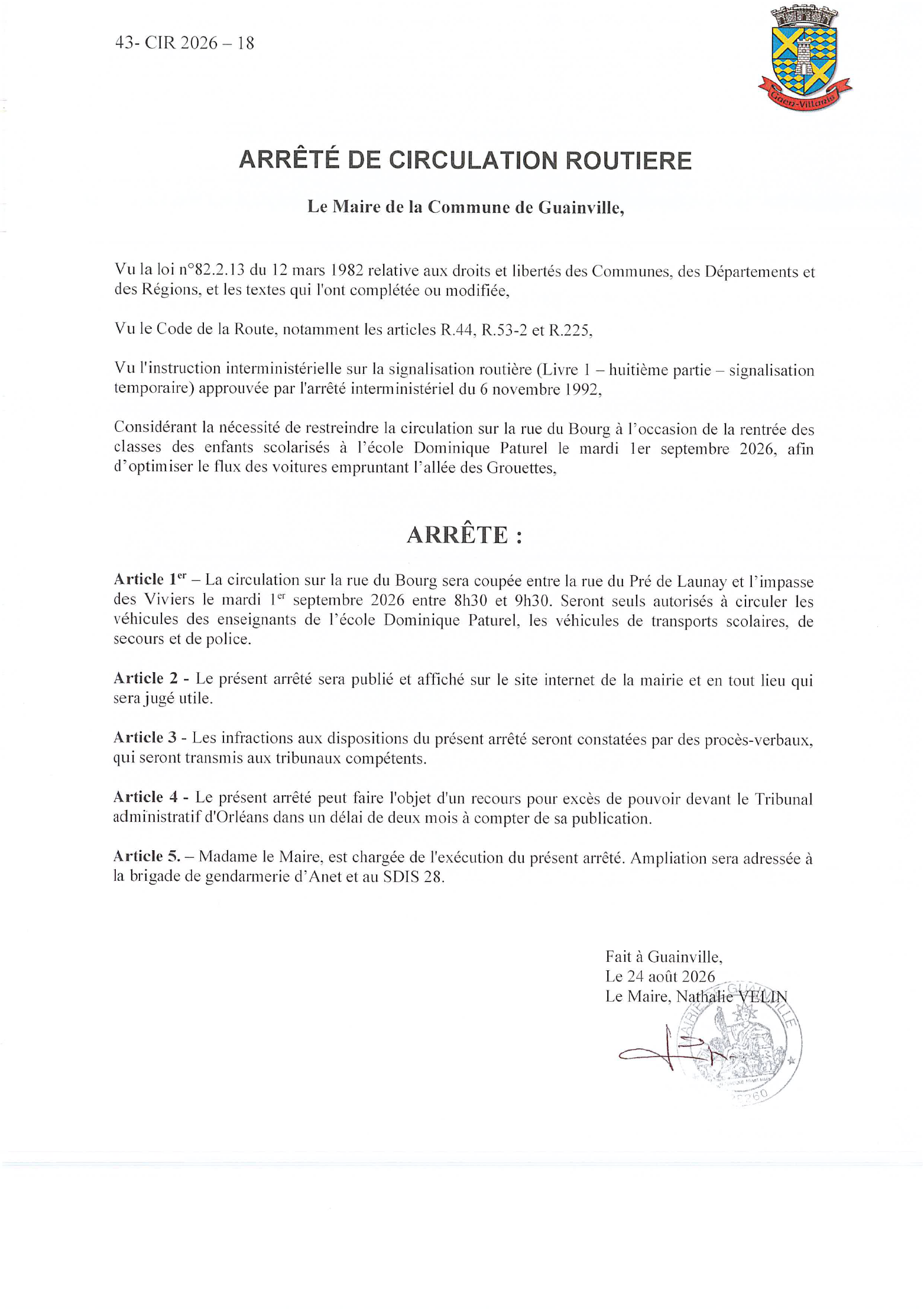 arrêté rentrée Guainville
